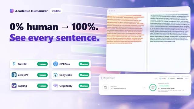 Abstract illustration about an AI detection report, two text columns side by side with matched highlighted sentences
