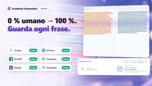 Illustrazione astratta di un report di rilevamento AI, due colonne di testo affiancate con frasi evidenziate collegate tra loro
