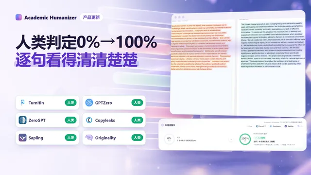 关于 AI 检测报告的抽象插图，两栏文字并排，对应的句子被高亮连线