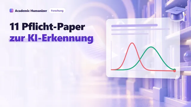 Abstrakte Illustration zur Forschung über KI-Erkennung: ein Stapel kommentierter Studien, der eine Zeitleiste bildet