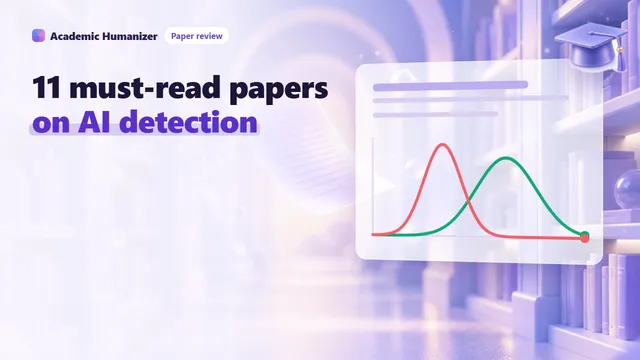 Abstract illustration about AI detection research papers: a stack of annotated papers forming a timeline
