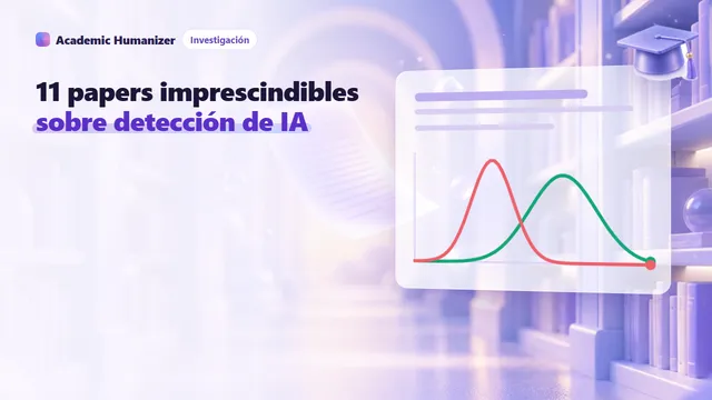 Ilustración abstracta sobre artículos de investigación en detección de IA: una pila de artículos anotados que forman una línea de tiempo