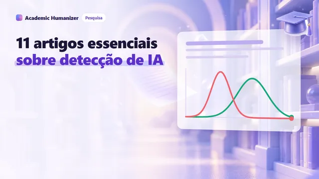 Ilustração abstrata sobre artigos de pesquisa em detecção de IA: uma pilha de artigos anotados formando uma linha do tempo