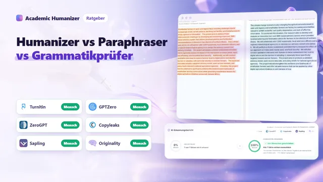Abstrakte Illustration zu AI Humanizer, Paraphrasierer und Grammatikprüfung: vier verschiedene Werkzeuge an derselben Manuskriptseite