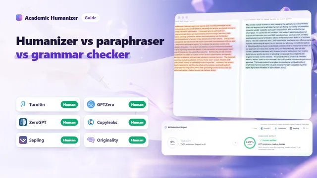 Abstract illustration about AI humanizer vs paraphraser vs grammar checker: four different tools working on the same manuscript page