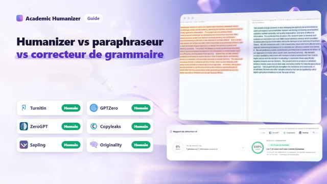 Illustration abstraite comparant humanizer IA, paraphraseur et correcteur grammatical : quatre outils différents travaillant sur la même page de manuscrit