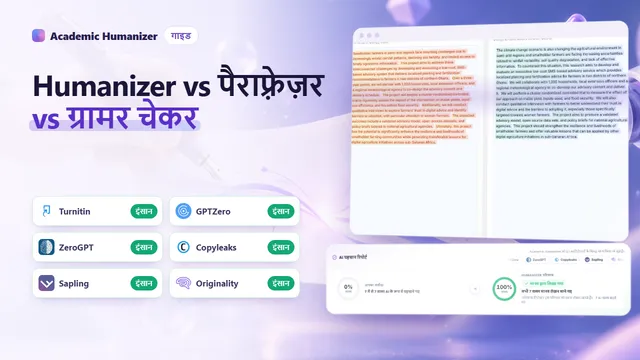 AI humanizer बनाम paraphraser बनाम grammar checker पर एक अमूर्त चित्र: एक ही पांडुलिपि पेज पर काम करते चार अलग टूल