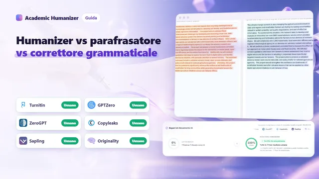 Illustrazione astratta su AI humanizer, parafrasatore e correttore grammaticale: quattro strumenti diversi al lavoro sulla stessa pagina di un manoscritto