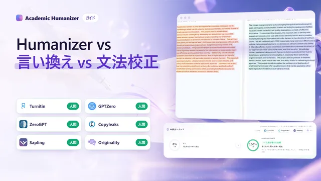 AI humanizer、言い換えツール、文法チェッカーの違いを表した抽象イラスト。4つの異なる道具が同じ原稿に手を加えている