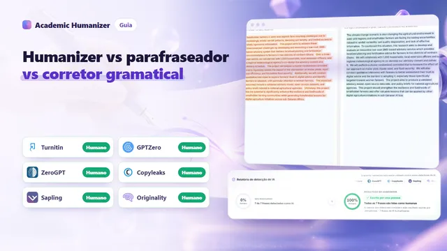 Ilustração abstrata comparando AI humanizer, parafraseador e corretor gramatical: quatro ferramentas diferentes trabalhando na mesma página de manuscrito