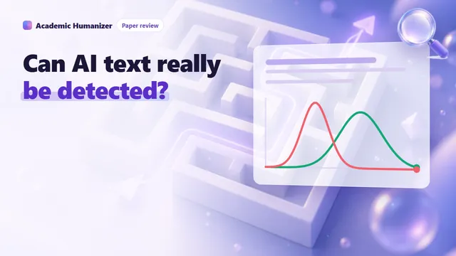 Abstract illustration about whether AI-generated text can be reliably detected: two overlapping wave shapes slowly merging, with a detector needle hovering between them