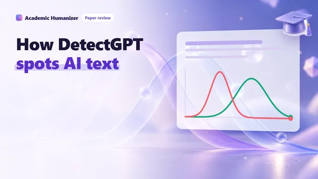 Abstract illustration about DetectGPT: a passage sitting at the peak of a curved probability surface, surrounded by slightly altered copies lower down the slope