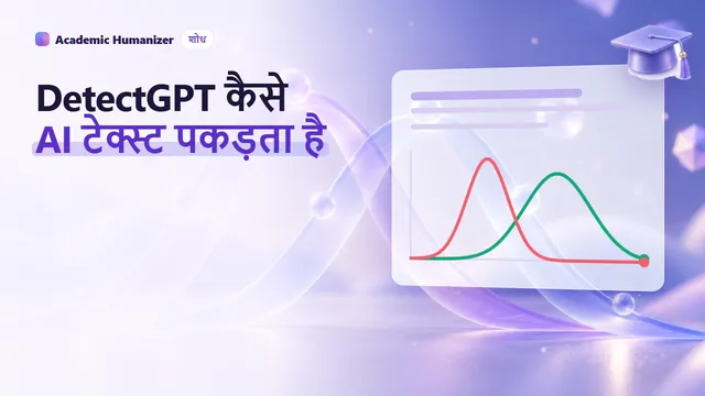 DetectGPT पर एक अमूर्त चित्र: एक घुमावदार probability सतह की चोटी पर रखा अंश, ढलान पर नीचे थोड़ी बदली हुई प्रतियाँ