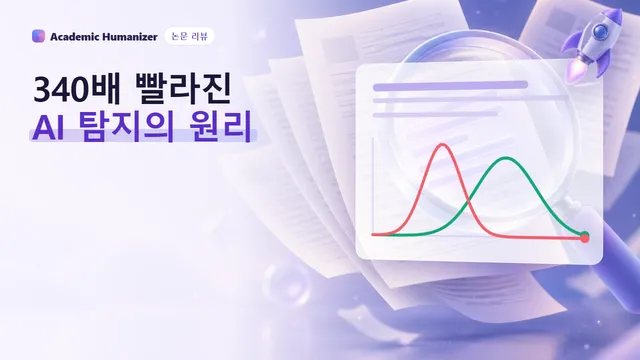Fast-DetectGPT와 Binoculars를 표현한 추상 일러스트: 한 줄의 텍스트를 살피는 렌즈 한 쌍과 단어 뒤로 솟은 확률 막대