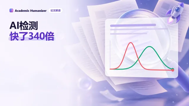 关于 Fast-DetectGPT 与 Binoculars 的抽象插图：一副镜片审视一行文字，文字后方升起概率柱
