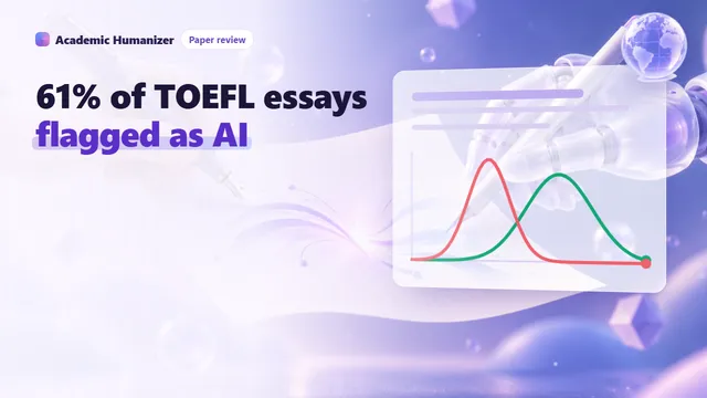 Abstract illustration about AI detector bias against non-native English writers: two stacks of essays, one marked with warning flags, under a scanning beam