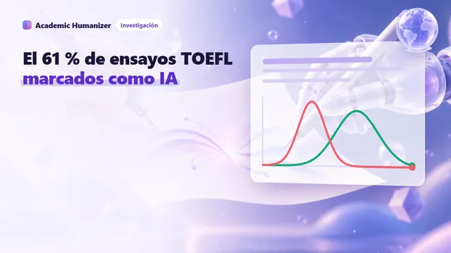 Ilustración abstracta sobre el sesgo de los detectores de IA contra quienes escriben en inglés como segunda lengua: dos pilas de ensayos, una con banderas de advertencia, bajo un h