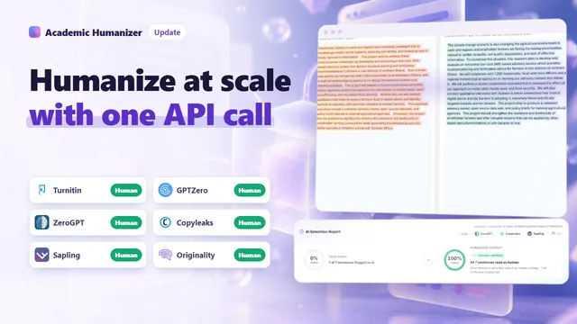 Abstract illustration about an AI humanizer API, a request travelling through a key check and gate into a text-processing block