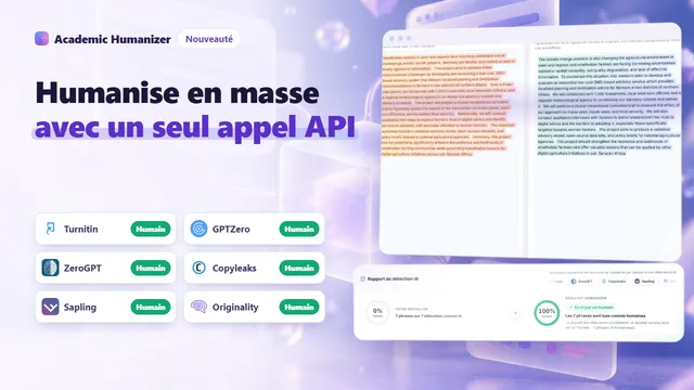 Illustration abstraite d'une API de humanizer IA, une requête passant par une vérification de clé et un portail jusqu'à un bloc de traitement de texte
