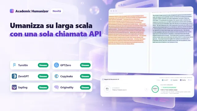 Illustrazione astratta di un'API di AI humanizer, una richiesta che passa per un controllo della chiave e un varco fino a un blocco di elaborazione del testo
