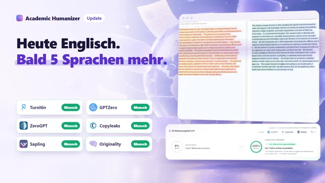 Abstrakte Illustration zum mehrsprachigen AI Humanizing: mehrere Schriftsysteme fließen in eine einzige Manuskriptseite