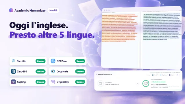 Illustrazione astratta sull'umanizzazione AI multilingue, con diversi sistemi di scrittura che confluiscono in un'unica pagina di manoscritto