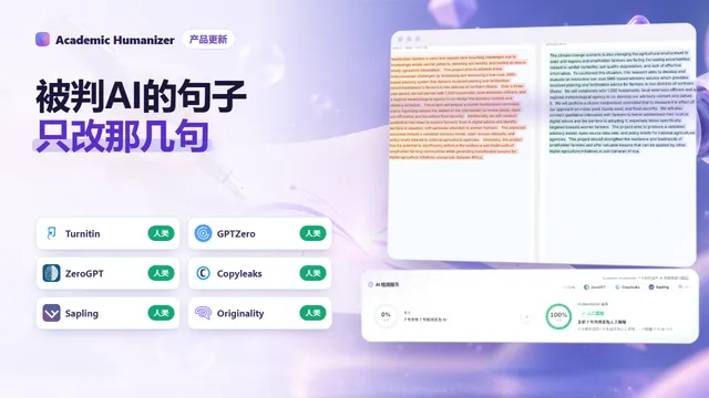 Humanizer v2 句子级编辑的抽象插画，未改动的文字中有几行被高亮