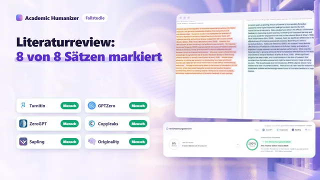 Abstrakte Illustration zur KI-Erkennung in einem Literaturüberblick, mit Zitatklammern und Verbindungslinien zwischen Fachartikeln