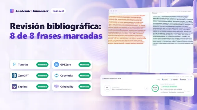 Ilustración abstracta sobre la detección de IA en una revisión de literatura, con corchetes de citas y líneas que conectan artículos