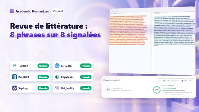 Illustration abstraite sur la détection IA dans une revue de littérature, avec des crochets de citation et des liens entre articles