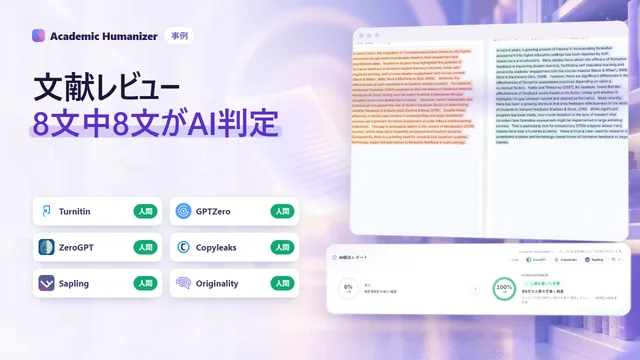 文献レビューにおけるAI検出を表す抽象イラスト。引用の括弧と論文同士をつなぐ線
