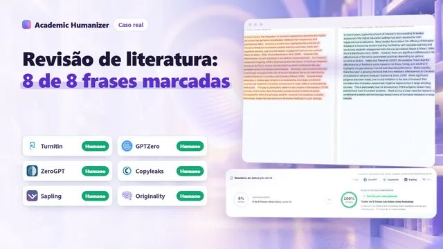Ilustração abstrata sobre detecção de IA em uma revisão de literatura, com colchetes de citação e linhas ligando artigos