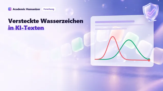 Abstrakte Illustration zu LLM-Wasserzeichen: ein Strom aus Wortkacheln, die meisten grün, einige rot, gleitet an einer Lupe vorbei