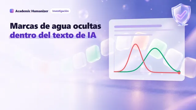 Ilustración abstracta sobre las marcas de agua en LLM: una corriente de fichas de palabras, la mayoría teñidas de verde y algunas de rojo, que pasan bajo una lupa