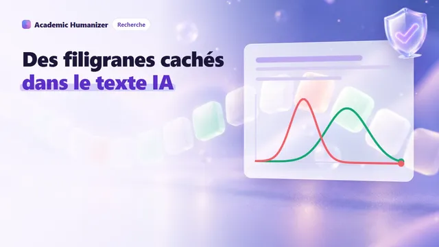Illustration abstraite du filigrane des LLM : un flux de tuiles de mots, la plupart teintées de vert et quelques-unes de rouge, passant sous une loupe