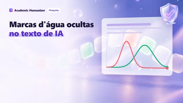 Ilustração abstrata sobre marca d'água em LLMs: uma sequência de peças com palavras, a maioria em verde e algumas em vermelho, passando sob uma lupa