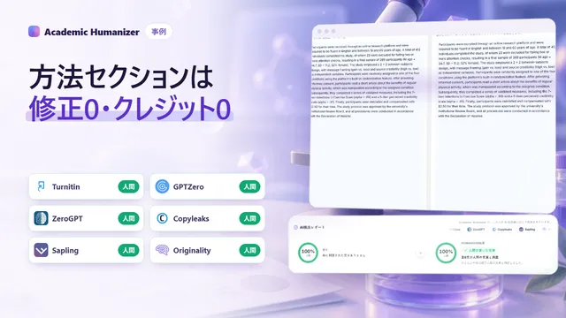 方法セクションのAI検出を表す抽象イラスト。表、統計、手順のステップに均一な琥珀色のスキャン光が当たっている