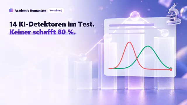 Abstrakte Illustration zum Test von KI-Detektoren: vierzehn Messinstrumente lesen denselben Satz Dokumente