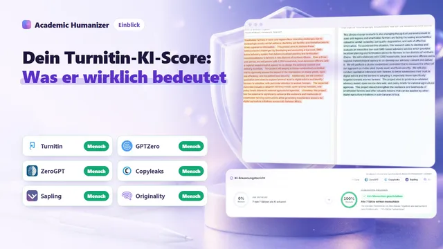 Abstrakte Illustration zum KI-Erkennungswert von Turnitin: ein Prozentring über hervorgehobenen Zeilen eines Aufsatzes
