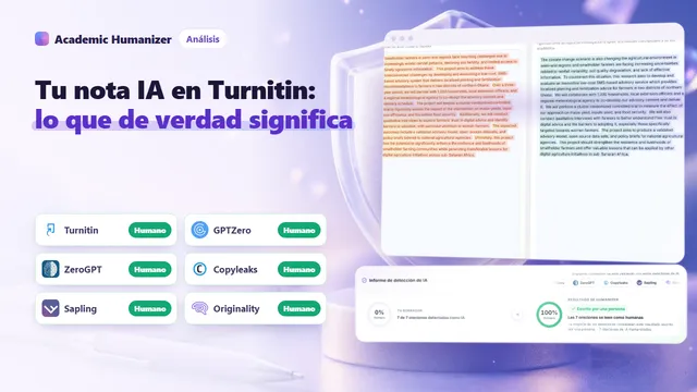 Ilustración abstracta sobre la puntuación de detección de IA de Turnitin: un anillo de porcentaje sobre líneas resaltadas de un ensayo