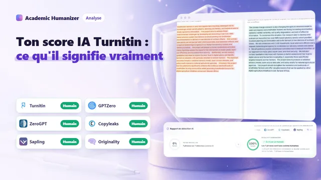 Illustration abstraite sur le score de détection IA de Turnitin : un anneau de pourcentage au-dessus de lignes surlignées d'une dissertation