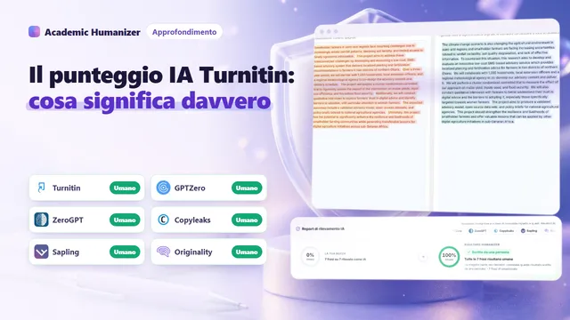Illustrazione astratta sul punteggio di rilevamento AI di Turnitin: un anello percentuale sopra righe evidenziate di un elaborato