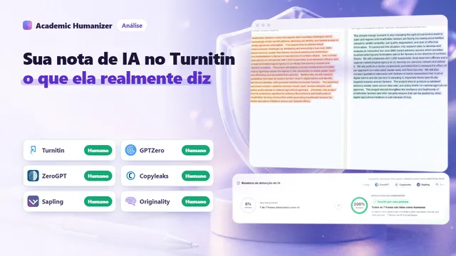 Ilustração abstrata sobre a pontuação de detecção de IA do Turnitin: um anel de porcentagem sobre linhas destacadas de uma redação