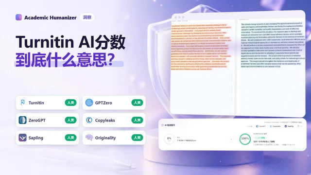 Turnitin AI 检测分数的抽象插画：论文高亮行上方的百分比圆环