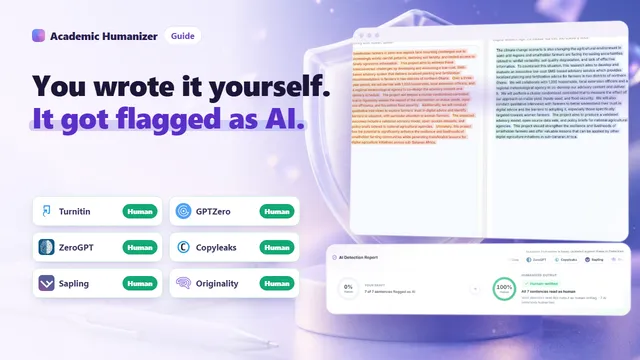 Abstract illustration about being falsely flagged as AI: a writer's draft stack and version timeline beside a warning marker