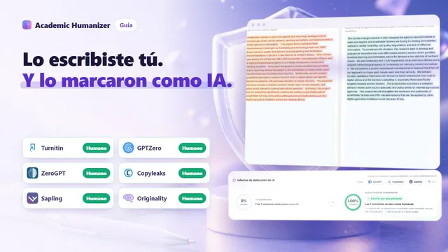 Ilustración abstracta sobre una falsa acusación de uso de IA: una pila de borradores y una línea temporal de versiones junto a un indicador de advertencia