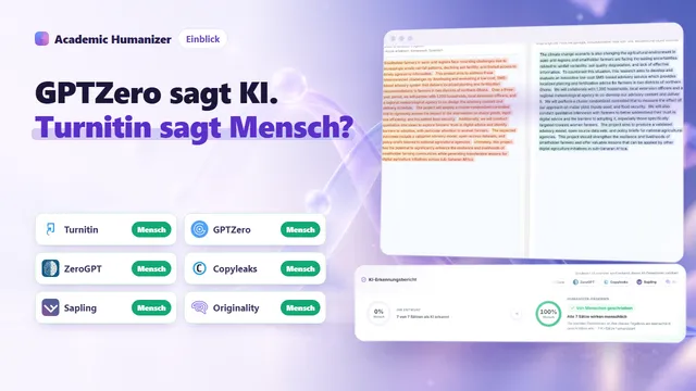 Abstrakte Illustration zu widersprüchlichen KI-Detektoren: sechs Messanzeigen zeigen über demselben Absatz unterschiedliche Werte