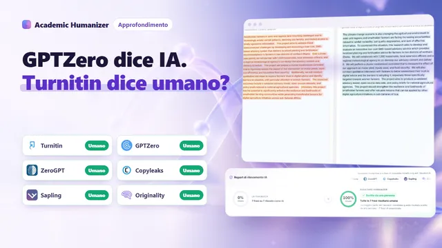 Illustrazione astratta su rilevatori AI in disaccordo: sei indicatori che puntano a valori diversi sopra lo stesso paragrafo